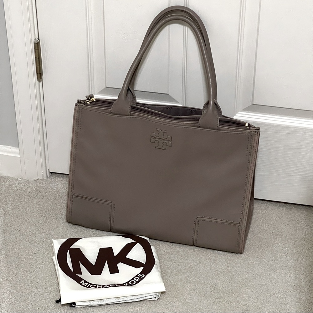 Tory Burch Ella Canvas Leather Tote in French Gray